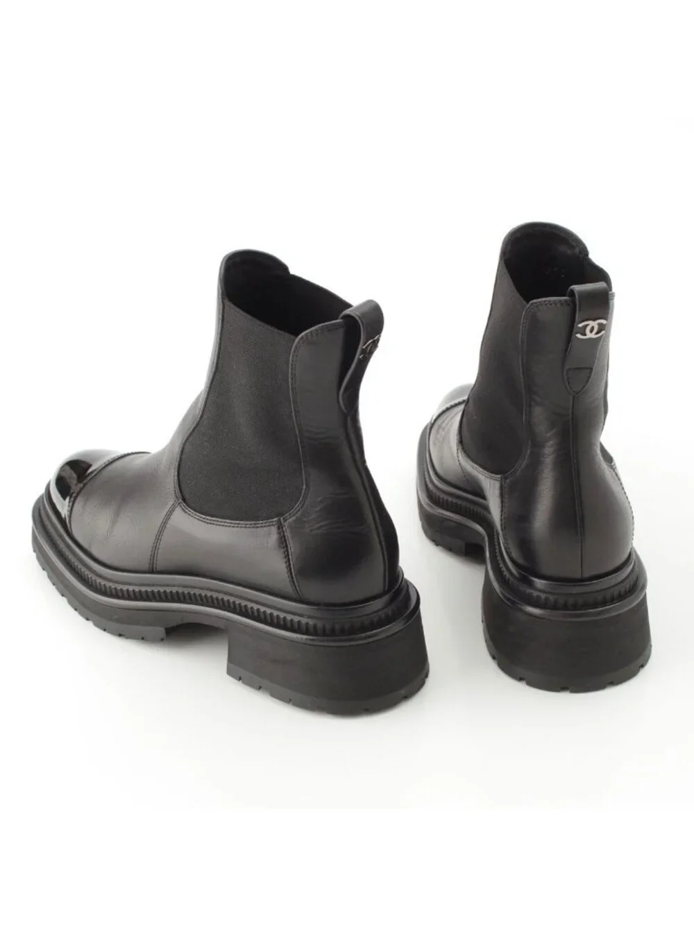 Chanel Leather CC Logo Side Gore Short Boots Shoes Black 36c